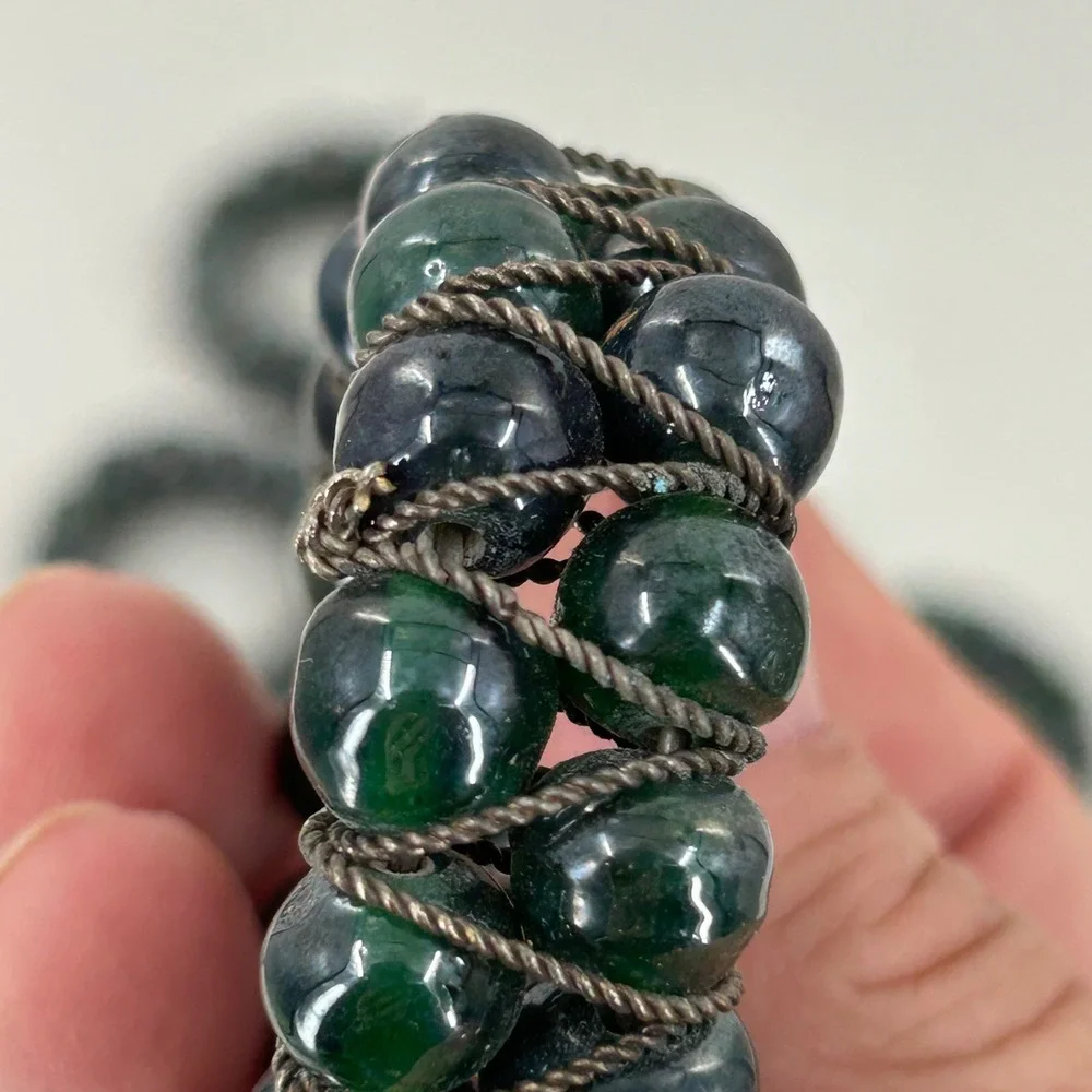 Vintage Beaded Napkin Rings Set of 5 Green Glass Silver Wire Boho Made in India